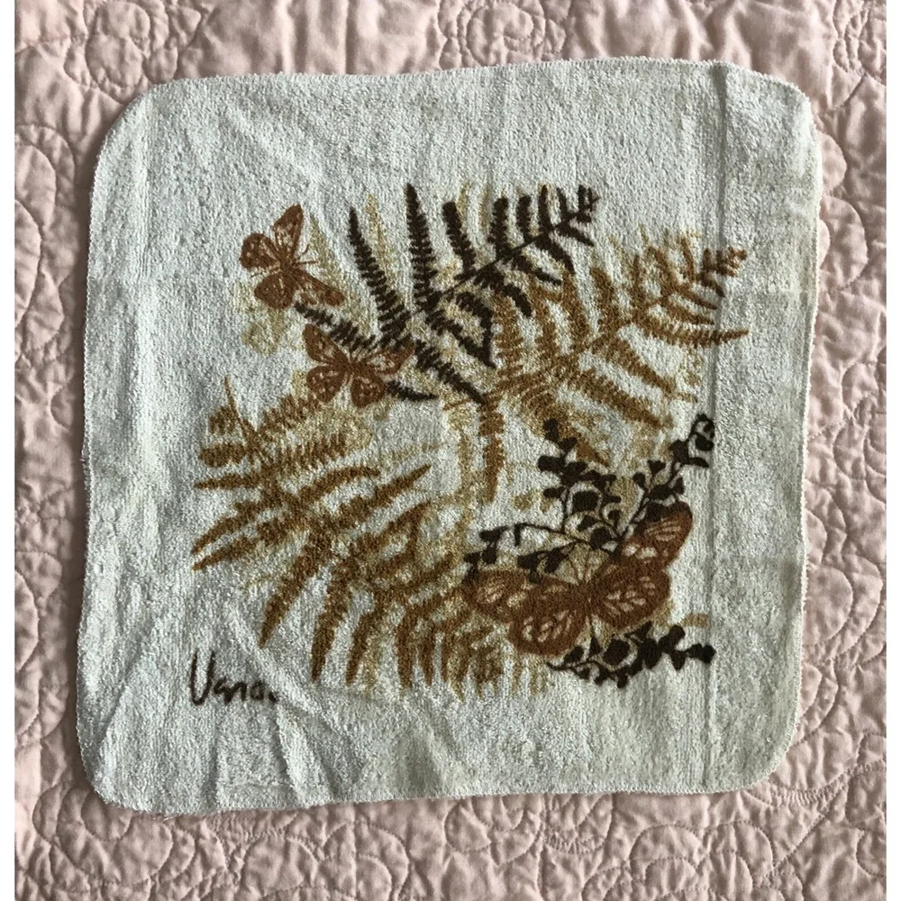 Vtg Vera Burlington Towel Set 3 Pcs Ivory Cotton Butterfly Floral Bath Hand Face